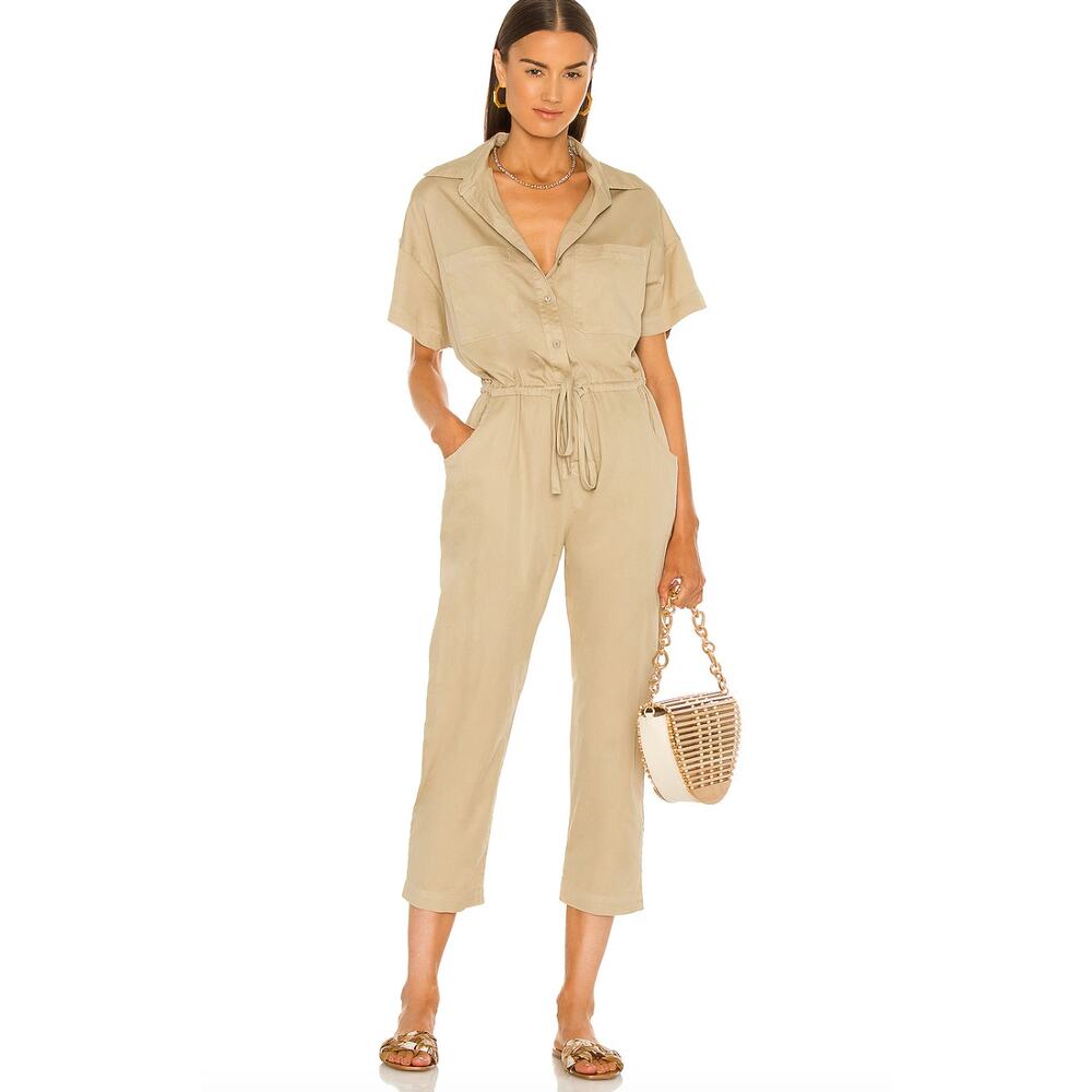 Enza Costa Utility Jumpsuit Womens M Khaki Short Sleeve Boilersuit P2P 20" $265
